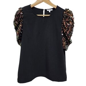 TCEC Top Womens Sz M Black Puff Sleeve Sequin Party Button Blouse Sparkle Button